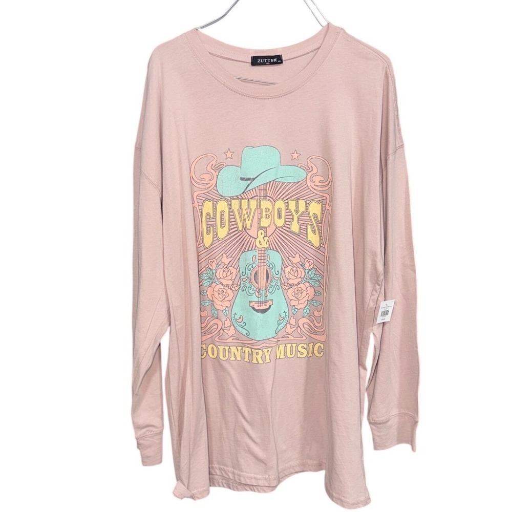 Zutter Cowboys & Country Music Graphic Long Sleeve Shirt Women's M/L Pink Wester